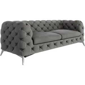 S-Style Canapé Chesterfield 3 places en velours avec pieds en métal, gris pas cher