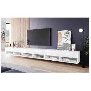 PIASKI Meuble tv 300 cm lowboard a, meuble télévision, éclairage led inclus, coloris blanc/blanc brillant pas cher
