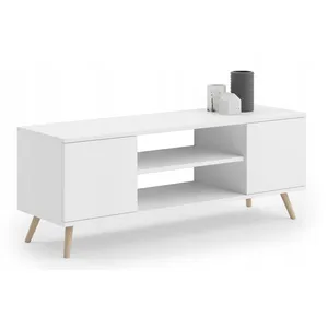 KOBI Meuble TV Focus 135 cm Armoire TV - blanc, pieds bois, style scandinave pas cher