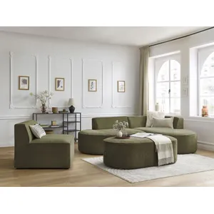 Canapé d'angle fixe modulable ROUSSEAU tissu texturé avec 1 chauffeuse et 1 pouf Bobochic