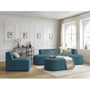 Canapé d'angle fixe modulable ROUSSEAU velours côtelé avec 1 chauffeuse et 1 pouf Bobochic
