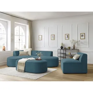 Canapé d'angle fixe modulable ROUSSEAU velours côtelé avec 1 chauffeuse et 1 pouf Bobochic