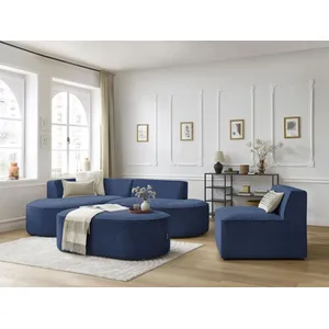 Canapé d'angle fixe modulable ROUSSEAU tissu texturé avec 1 chauffeuse et 1 pouf Bobochic