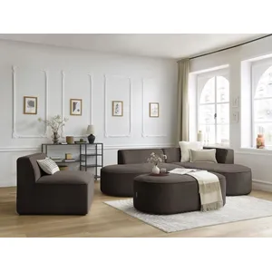 Canapé d'angle fixe modulable ROUSSEAU velours côtelé avec 1 chauffeuse et 1 pouf Bobochic