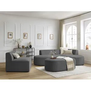 Canapé d'angle fixe modulable ROUSSEAU velours côtelé avec 1 chauffeuse et 1 pouf Bobochic