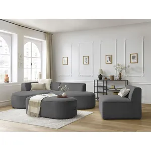Canapé d'angle fixe modulable ROUSSEAU velours côtelé avec 1 chauffeuse et 1 pouf Bobochic