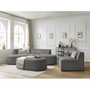 Canapé d'angle fixe modulable ROUSSEAU tissu chiné avec 1 chauffeuse et 1 pouf Bobochic pas cher