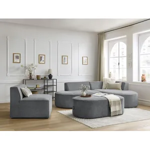Canapé d'angle fixe modulable ROUSSEAU tissu texturé avec 1 chauffeuse et 1 pouf Bobochic