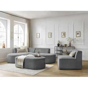 Canapé d'angle fixe modulable ROUSSEAU tissu texturé avec 1 chauffeuse et 1 pouf Bobochic