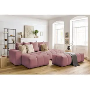 Canapé d'angle fixe MONT-BLANC velours avec pouf Rose  Angle gauche BOBOCHIC TU