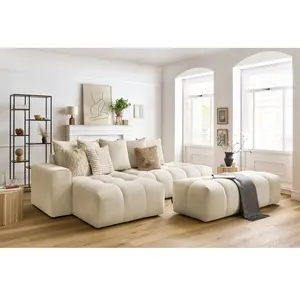 Canapé d'angle fixe MONT-BLANC velours avec pouf Beige Angle gauche BOBOCHIC TU pas cher
