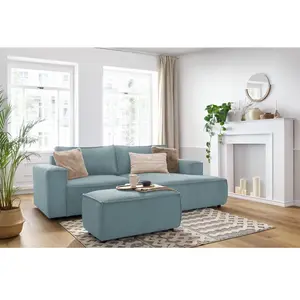 Canapé d'angle fixe compact NIHAD velours côtelé avec pouf bleu clair ...