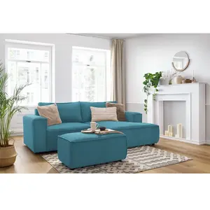BOBOCHIC Canapé d'angle fixe compact NIHAD velours côtelé avec pouf bleu foncé ... pas cher