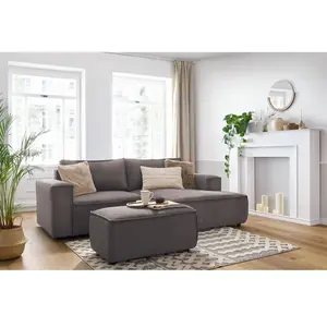 Canapé d'angle fixe compact NIHAD velours côtelé avec pouf taupe angl...