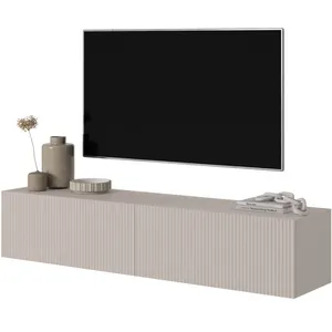 SELSEY Meuble TV - VELDIO -140 cm - couleur gris-beige avec façade fraisée pas cher