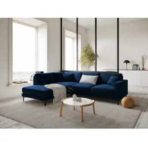 Mazzini Sofas - Canapé d'angle droit velours Venus 5 places Bleu Roi - 254x185x90 cm OS pas cher