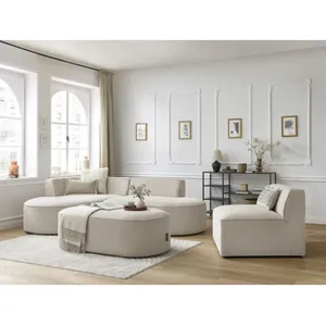 Canapé d'angle fixe modulable ROUSSEAU tissu chiné avec 1 chauffeuse et 1 pouf Bobochic pas cher