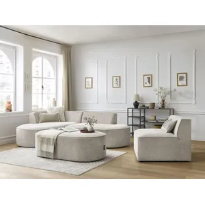 Canapé d'angle fixe modulable ROUSSEAU tissu texturé avec 1 chauffeuse et 1 pouf Bobochic pas cher