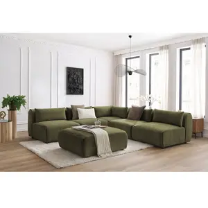 Canapé d'angle fixe modulable JEANNE tissu texturé avec 4 chauffeuses, 1 angle et 1 pouf Bobochic pas cher