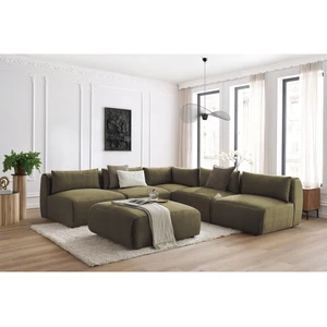 Canapé d'angle fixe modulable JEANNE tissu velours avec 4 chauffeuses, 1 angle et 1 pouf Bobochic