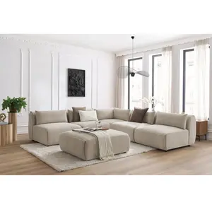 Comparateur de prix : Canapé d'angle fixe modulable JEANNE tissu texturé avec 4 chauffeuses, 1 angle et 1 pouf Bobochic
