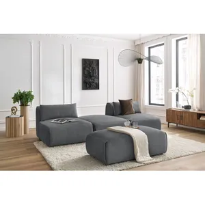 Canapé droit fixe 3 places JEANNE avec pouf tissu velours Bobochic pas cher