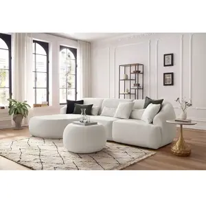 BOBOCHIC Canapé d'angle fixe ALESIA tissu bouclette avec pouf blanc a... pas cher