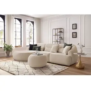Canapé d'angle fixe ALESIA tissu bouclette avec pouf Bobochic pas cher