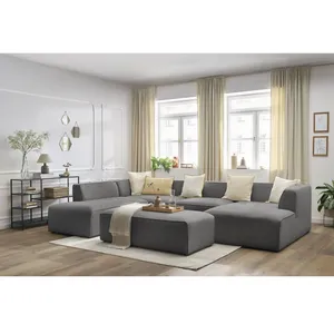 Canapé panoramique fixe MEGEVE avec pouf tissu chiné Bobochic pas cher