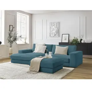 Canapé d'angle fixe LEONARD velours côtelé avec pouf bleu clair angle...