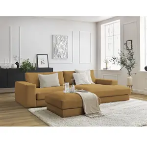 Canapé d'angle fixe LEONARD velours côtelé avec pouf jaune angle droi...