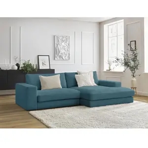 BOBOCHIC Canapé d'angle fixe LEONARD velours côtelé bleu clair angle droit BOB... pas cher