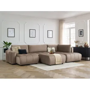 Canapé panoramique convertible coffre ARSENE tissu velours avec pouf Bobochic pas cher