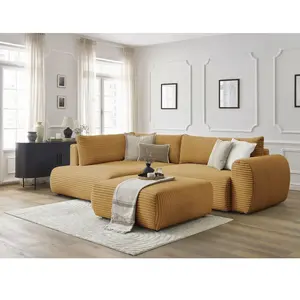 Canapé d'angle L convertible coffre LUCIEN gros côtelé doux avec pouf ...