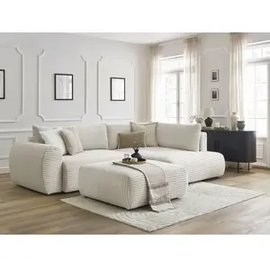 Canapé d'angle L convertible coffre LUCIEN gros côtelé doux avec pouf ...