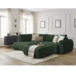 Canapé d'angle L convertible coffre LUCIEN gros côtelé doux avec pouf ...