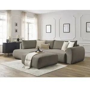 Canapé d'angle L convertible coffre LUCIEN tissu lisse avec pouf taupe...