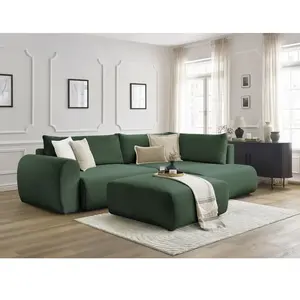 Canapé d'angle L convertible coffre LUCIEN tissu lisse avec pouf vert ...