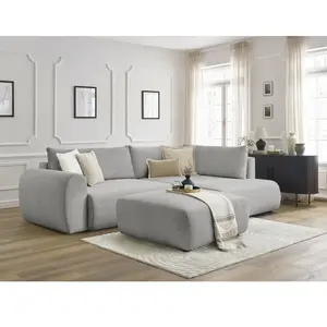 Canapé d'angle L convertible coffre LUCIEN tissu lisse avec pouf gris ...