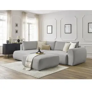 Canapé d'angle L convertible coffre LUCIEN tissu lisse avec pouf gris ...