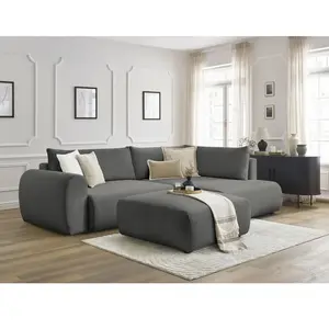 Canapé d'angle L convertible coffre LUCIEN tissu lisse avec pouf gris ...