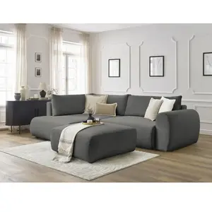 Canapé d'angle L convertible coffre LUCIEN tissu lisse avec pouf gris ...