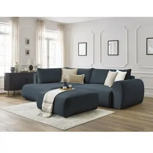 Canapé d'angle L convertible coffre LUCIEN tissu lisse avec pouf bleu ...