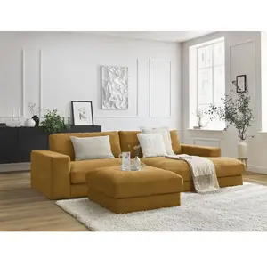 Canapé d'angle fixe LEONARD tissu texturé avec pouf jaune angle droit...