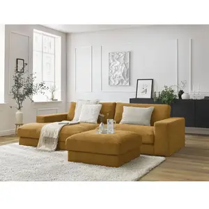 Canapé d'angle fixe LEONARD tissu texturé avec pouf jaune angle gauch...