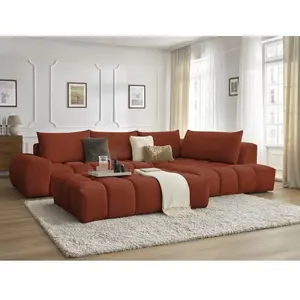Canapé d'angle fixe EVEREST tissu texturé avec pouf Bobochic pas cher