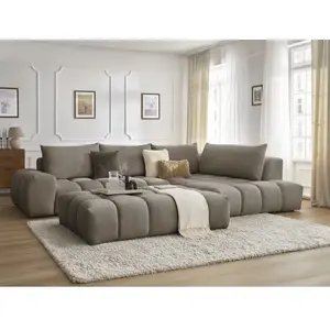 Canapé d'angle fixe EVEREST tissu texturé avec pouf Bobochic