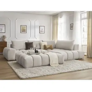 Canapé d'angle fixe EVEREST tissu texturé avec pouf Bobochic