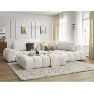 Canapé d'angle fixe EVEREST tissu texturé avec pouf Bobochic