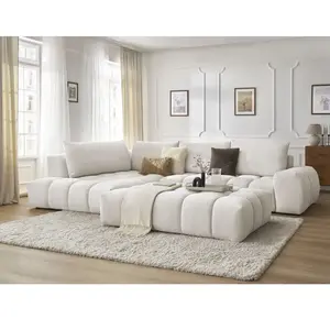Canapé d'angle fixe EVEREST tissu texturé avec pouf Bobochic pas cher